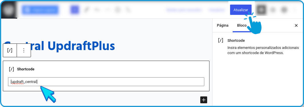 Adicionando shortcode da Central UpdraftPlus na página