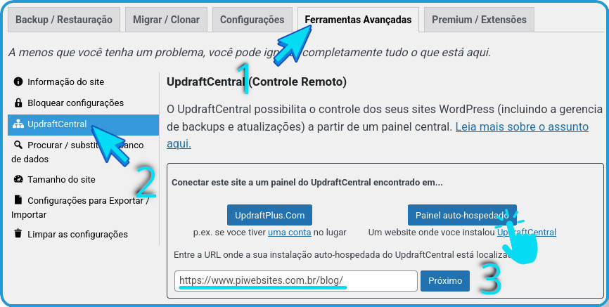 Configurando site WordPress para ser acessado pela Central UpdraftPlus