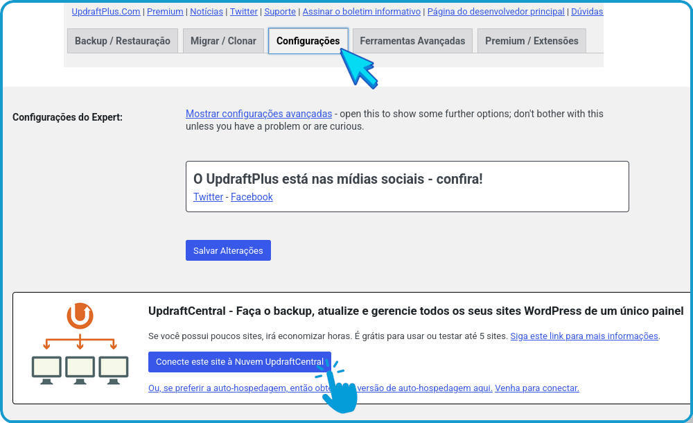 Configurando site WordPress para ser acessado pela Central UpdraftPlus