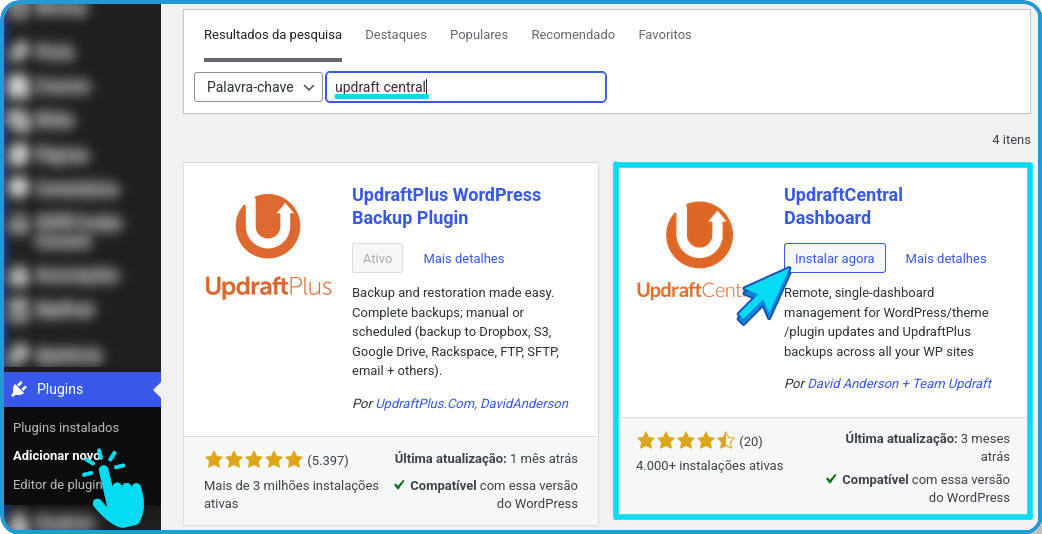 Instalando o plugin UpdraftPlus Central