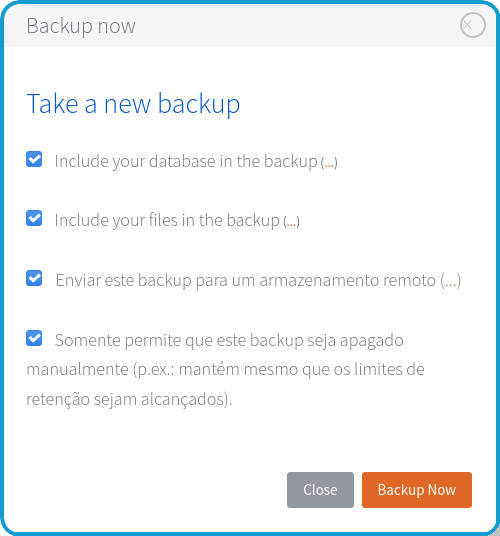 Opções de backup da Central Updraft